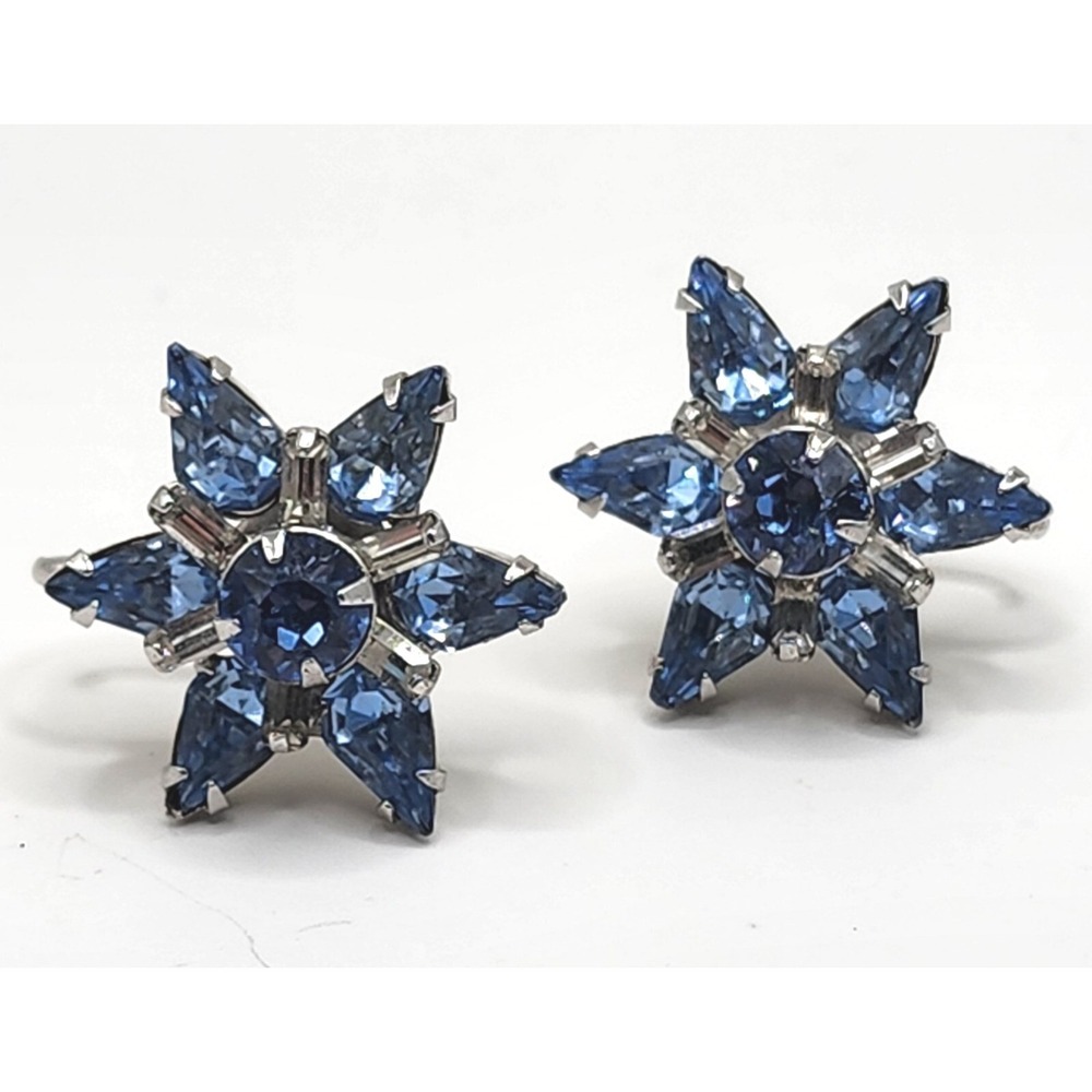 Vintage Star Blue Rhinestone Retro Screw Back Celestial Rocker Glam Earrings